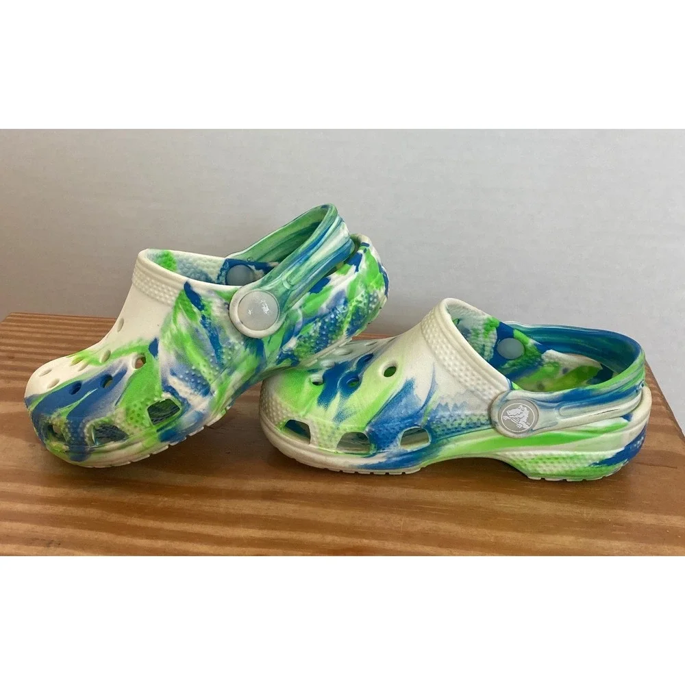 Crocs Kids C9 White Blue Green Marbled Classic Clog Shoes Tie Dye Casual Slip On